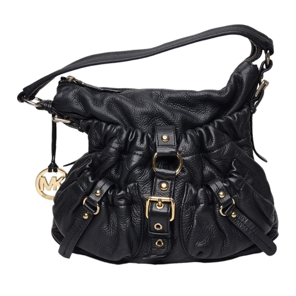 Michael Kors Women's Gold Logo Buckle Black Leather Shoulder Bag - Picture 1 of 16